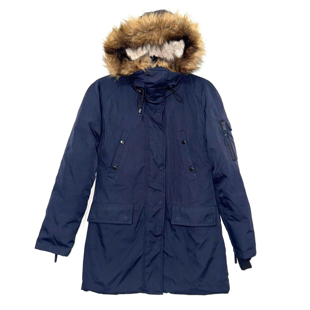 S13 Black Alps Faux Fur Trim Hooded Down Parka Coat - Navy S